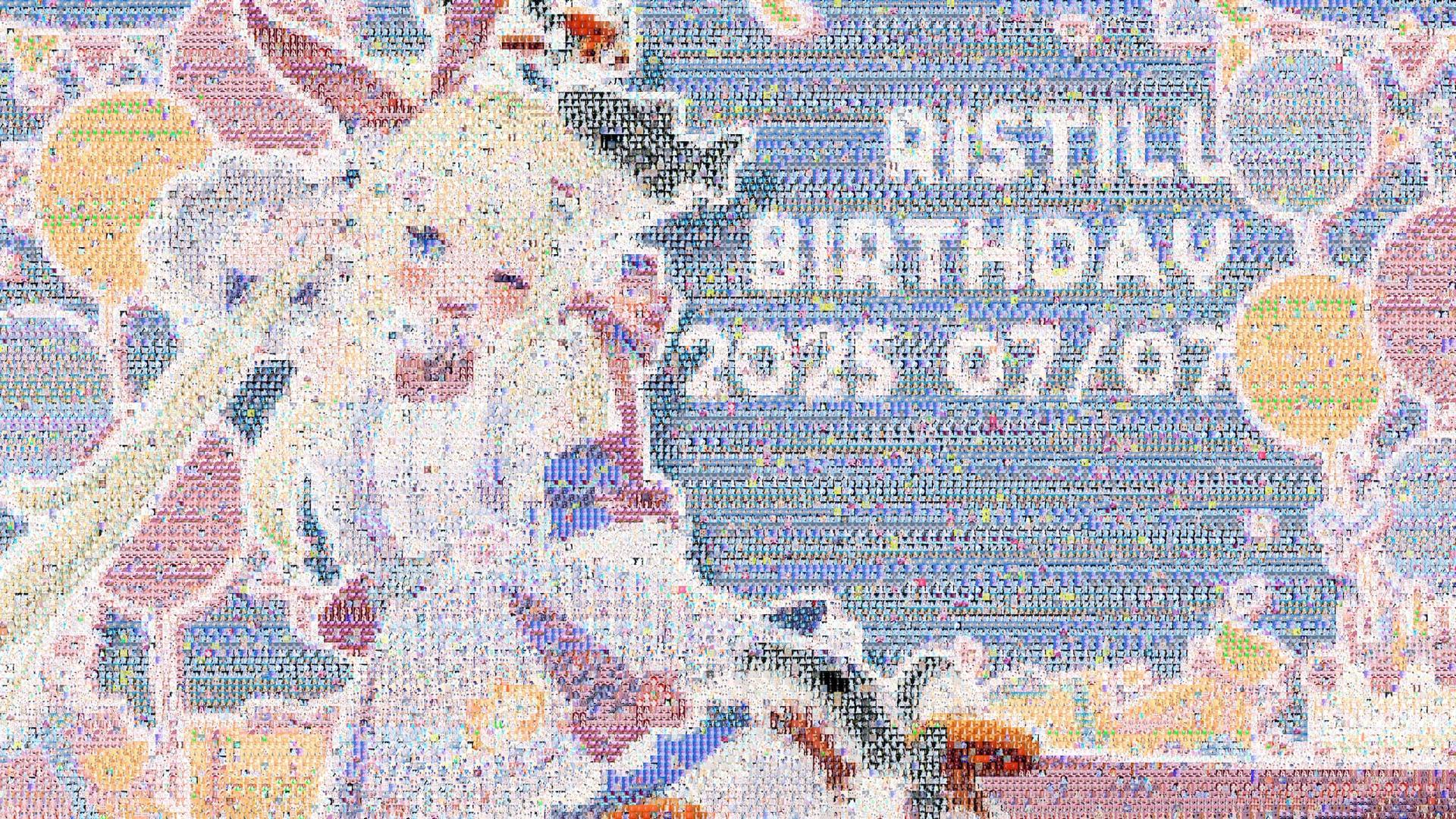 おてぃるの誕生日を祝うモザイクアート。24000個のタイルで構成され、中央に「RISTILL BIRTHDAY 2025/07/07」のテキストが表示されている。背景は様々な色とりどりのVRChatの写真で構成されている。